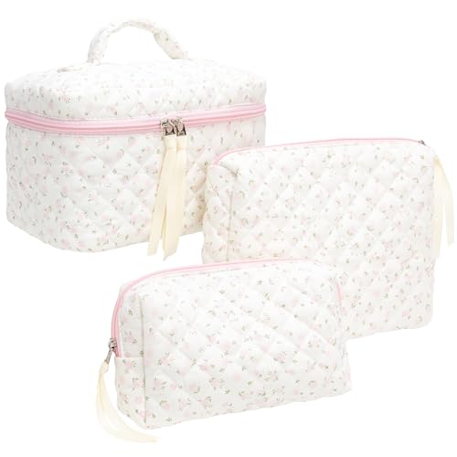 3PCS Makeup Bag SET Large Travel Quilted Zipper Soft Cosmetic Case Pouch for Women Girls Make Up,Little Flower Pink - color: Little Flower Pink, size: 3 PCS SET