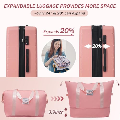 Merax Luggage Sets 5 Piece, Hardside 20" Half-opening Carry On Suitcase Set with USB Port,Lightweight Travel 24" 28" Luggage with Bags TSA Locks Double Spinner Wheels,Light Pink - color: Light Pink, size: 3 piece(20front open+24+28+bags)