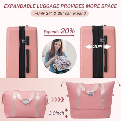 Merax Luggage Sets 5 Piece, Hardside 20" Half-opening Carry On Suitcase Set with USB Port,Lightweight Travel 24" 28" Luggage with Bags TSA Locks Double Spinner Wheels,Light Pink - color: Light Pink, size: 3 piece(20front open+24+28+bags)
