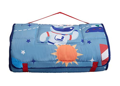 EVERYDAY KIDS Nap Mat w/Removable Pillow -Outer Space Adventures- Carry Handle with Straps Closure, Rollup Design, Soft Microfiber for Preschool, Daycare, Travel Sleeping Bag - Ages 3-6 Years - color: Outer Space Adventures