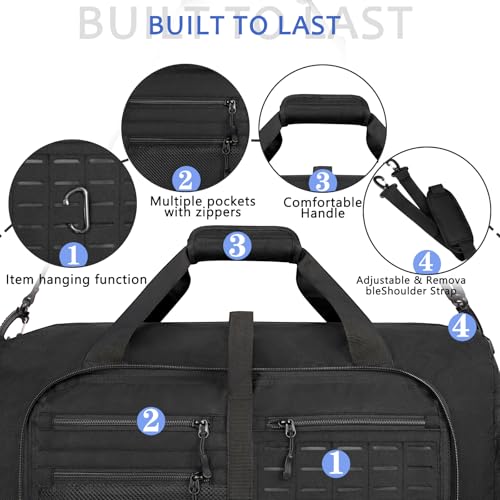 Foldable Travel Duffle Bag,Duffle Bag with Shoes Compartment and Adjustable Strap,Large Packable Travel Bags for Men Women,Waterproof Duffel Bag - color: All Black