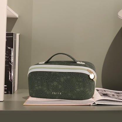 Prite Makeup Bag for Women Travel Waterproof Vegan Leather Cosmetic Bag Open Flat Toiletry Bag With Clear Divider and Handle (Green Flower, Medium) - color: Green Flower, size: Medium