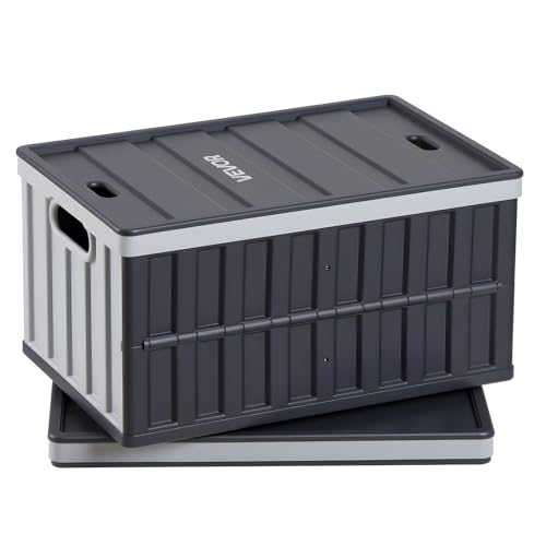 VEVOR Plastic Collapsible Storage Bins with Lids, 65L 2 Packs, Stackable Folding Storage Crates with Handles, Holds 84 lbs Per Bin, Heavy Duty Containers, Space-Saving Baskets, for Home Organizing