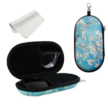Double Eyeglasses Case, Hard Shell Dual Sunglasses Organizer with Zipper Clip Travel Glasses Storage for Women Men - color: Blue Apricot Blossom