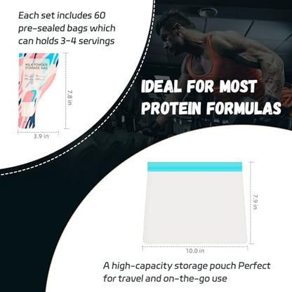 60PCS Disposable Powder Travel Size Containers with Scoop and Pouch, Single-Serve Powder Travel Container Bags for Protein, Supplements and Drink Mixes & Portable Powder Container to Go