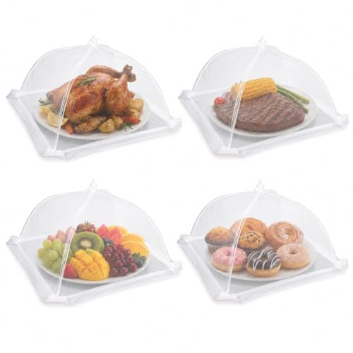 Food Cover,4 Pack Mesh Food Tent,14"x14",White Nylon Covers,Pop-Up Umbrella Screen Tents,Patio Net for Outdoor Camping, Picnics, Parties,BBQ,Collapsible and Reusable - color: 4*14inch