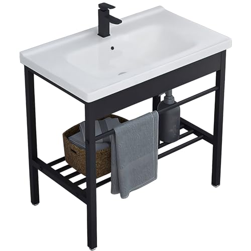 Freestanding Bathroom Console Sink, Bathroom Vanity with Sink, 28.3" x 19" x 32.3" Ceramic Console Sink Set With Bracket, Utility Sink for Laundry Room, Washing Room, Garage, Basement, Outdoor, Indoor - color: C_Console Sink