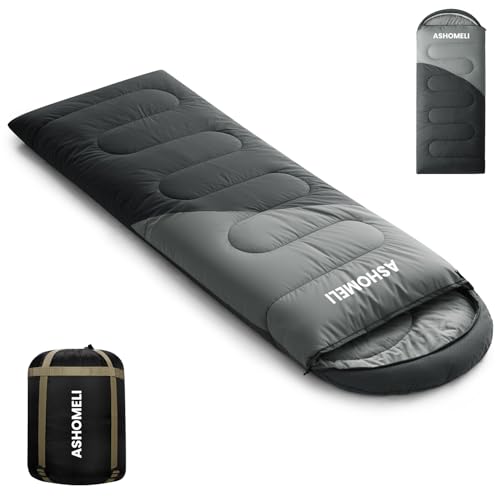 Camping Sleeping Bag for Adults 3-4 Season, Cold Weather Rated Sleeping Bag Waterproof Windproof with Inflatable Pillow, Breathable Foot Zipper, Soft Brushed Fabric, Portable for Outdoor Hiking Travel - color: Dark Gray/Light Gray