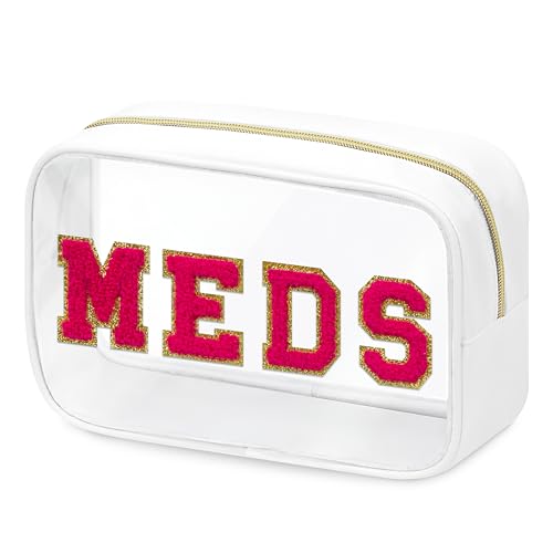 BuyCard Clear Meds Chenille Letter Nylon Makeup Bag - Portable Preppy Patch Cosmetic Toiletry Travel Storage Medicine Bag With Zipper for Women Girls White - color: MEDS-White, style: 1 Pcs-clear