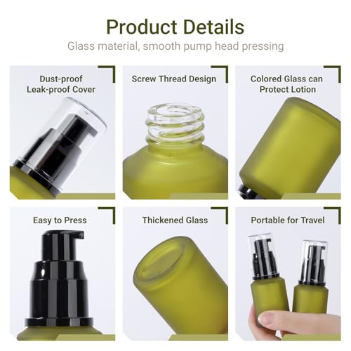 Segbeauty 1oz Frosted Glass Empty Travel Size Containers for Creams, 5pcs Refillable Lotion Pump Bottle Dispenser, 30ml Small Liquid Travel Containers, Green Mini Lotion Container Pump Dispensers - color: Green, style: 5pcs 1oz