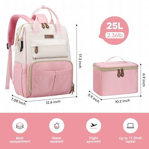 Maelstrom Travel Backpack for Women Men,Laptop Backpack Fits 15.6-17.3 Inch Laptop, Nurse/Work Bag with Insulated Lunch Box (Pink-beige) - color: Pink-beige