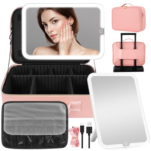 15''X11'' Makeup Bag with Removeable Lighted Mirror, Travel Makeup Case with 3 Color Lights Dimmable Brightness, Large Capacity Cosmetic Organizer Case with Detachable Dividers & Shoulder Strap - color: Pink, style: Removable Mirror