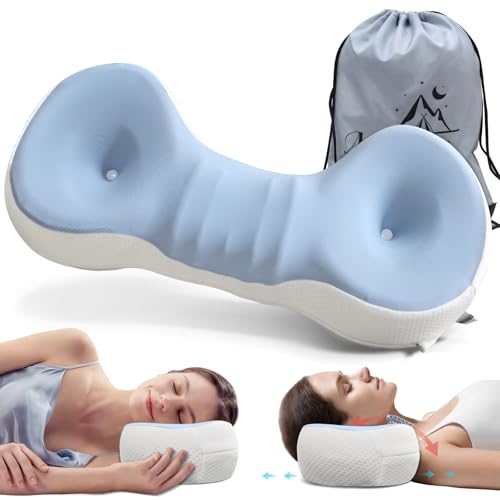 Cervical Neck Roll Pillow, Say Goodbye to Neck Pain, Travel Neck Support Pillow for Side Sleepers, Ergonomic Memory Foam Camping Pillow, Cervical Traction Device with Storage Bag - color: Blue and White