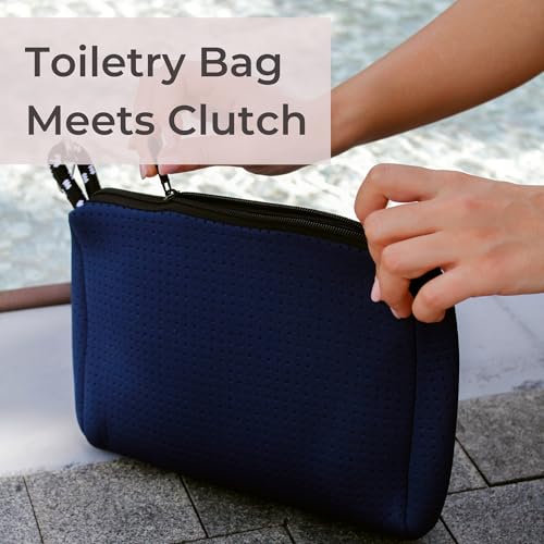 POPUPS Large Makeup Bag with Zipper, Deep Blue - Waterproof Neoprene Cosmetic Bag 7.7 x 10.75 x 5 inches - color: Basic Deep Blue