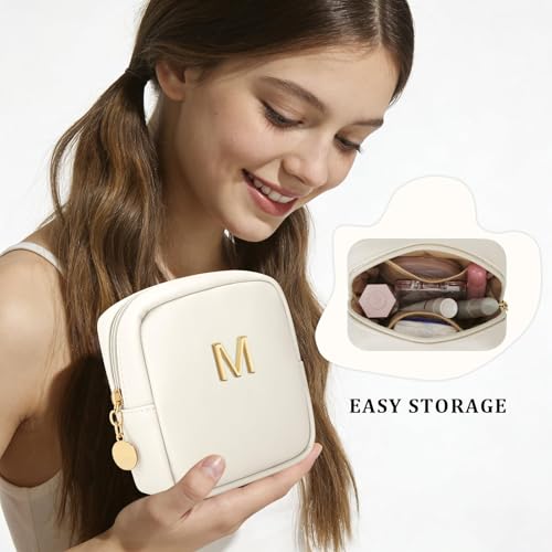 Personalized Birthday Gifts for Women - Initial Makeup Bag Set Travel Toiletry Bag Cosmetic Bags Soft Waterproof PU Leather Makeup Pouch Travel Essentials (M, 1pc Beige) - size: 1pc Beige, style: M