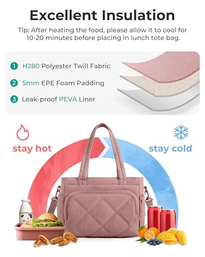 BAGSMART Lunch Bag Women Large Lunch Box Insulated Tote Bag with Multi-Pockets Quilted Puffy Tote for Work, Outdoors - color: 01-Dusky Pink