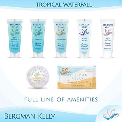 Bergman Kelly Hotel Toiletries Bundle (Tropical Waterfall, 1 oz each, 40 Pcs) 4-Piece Set: 10 Rectangular Bar Soap, 10 Shampoo, 10 Conditioner & 10 Body Lotion - Bulk Mini Guest Amenities Supply - size: 1 Fl Oz (Pack of 10)