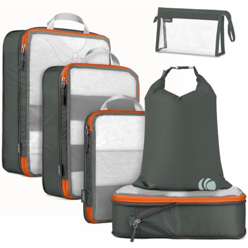 Cipway Compression Packing Cubes, See Through Mesh Luggage Organizer Bags, Travel Essentials for Carry on Suitcase with Laundry Bag and Clear Toiletries Bag（6Pcs,Grey） - color: Grey, size: 6PCS