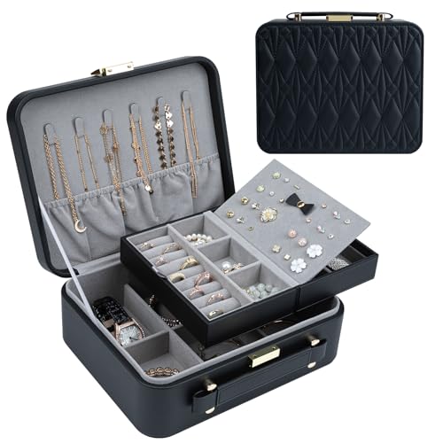 Travel Jewelry Box Jewelry Storage Case Jewelry Suitcase for Women and Men 2 Layer Jewelry Organizer Box with Removable Tray (Black) - color: Black-2
