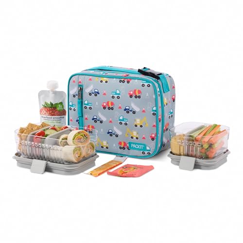 PackIt Freezable Classic Lunch Box, Construction Trucks, Built with EcoFreeze Technology, Collapsible, Reusable, Zip Closure With Zip Front Pocket and Buckle Handle, Designed for Fresh Lunch On the Go - color: Construction Trucks