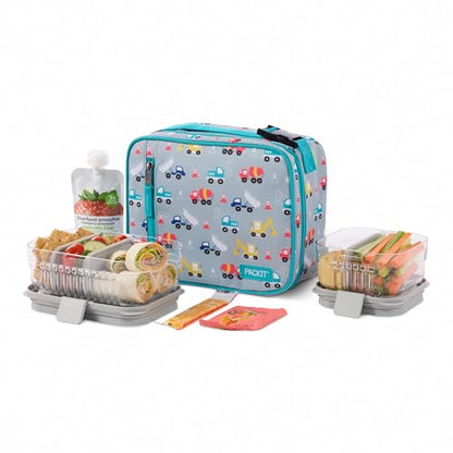 PackIt Freezable Classic Lunch Box, Construction Trucks, Built with EcoFreeze Technology, Collapsible, Reusable, Zip Closure With Zip Front Pocket and Buckle Handle, Designed for Fresh Lunch On the Go - color: Construction Trucks