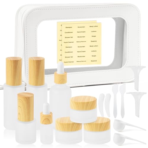 Glass Travel Bottles for Toiletries - 19pcs Skincare Travel Containers with PU Leather Toiletry Bag, Pump Spray Bottle Cream Jar Leak Proof Mini Makeup Containers for Serum Moisturizer Toner