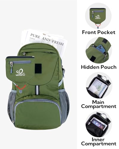 WATERFLY Small Lightweight Packable Backpack: 20l Ultra Light Foldable Travel Hiking Camping Daypack Day Pack for Man Woman - color: New-amry Green