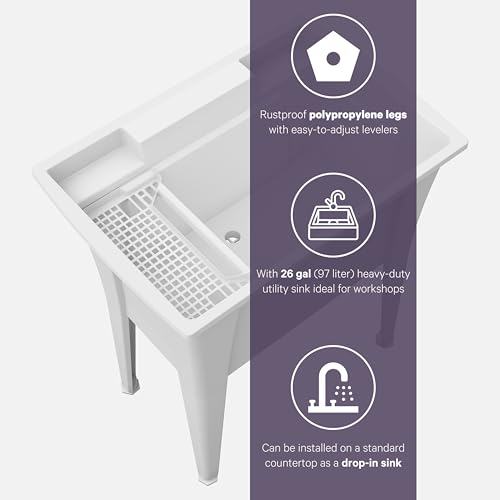 32” Utility Sinks for Laundry Room, Garage, Garden, Basement – Noah William Home Indoor and Outdoor Polypropylene Basement Wash Tub - No Faucet Included (White) - color: White, size: 32" - 25.6 gal