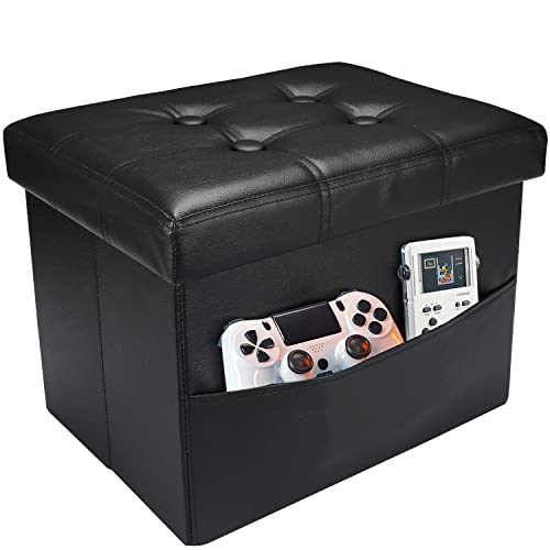 AmasSmile Storage Ottoman Folding Foot Rest Stool with Side Pocket, 16 inch Leather Footstool Bench, Short Ottoman Bench, Storage Foot Rest Store, Books, Black - color: Black 1 Pack, size: 16"*12"*12"with side pockets