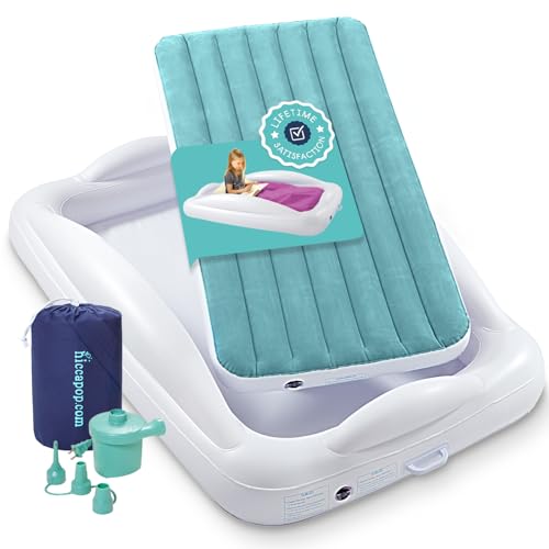 Hiccapop Inflatable Toddler Travel Bed with Safety Bumpers [4-Sided], Portable Toddler Bed for Kids, Toddler Air Mattress, Kids Air Mattress - Misty Blue - color: Misty Blue