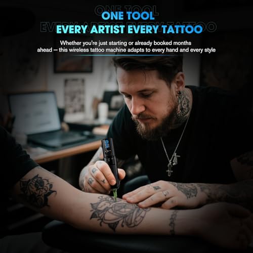 INKin Tattoo Kit for Beginners Complete Set with Tattoo Stencil Printer, Tattoo Gun with 7 Stroke 2.2-4.2mm and 1600mAh Power for Long Time Work of 8 Hours, Full Kit with Tattoo Needles and Tattoo Ink - size: Small Grip
