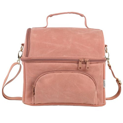 Waxed Canvas Lunch Bag with 2 XL Ice Packs, Canvas Lunch Box, Lunch Cooler for Men Work, 10.5L 2 Compartments Insulated Leakproof Cooler Bags for Camping, Beach and Road Trips - color: Mellow Rose
