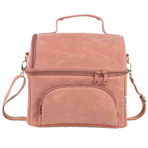 Waxed Canvas Lunch Bag with 2 XL Ice Packs, Canvas Lunch Box, Lunch Cooler for Men Work, 10.5L 2 Compartments Insulated Leakproof Cooler Bags for Camping, Beach and Road Trips - color: Mellow Rose
