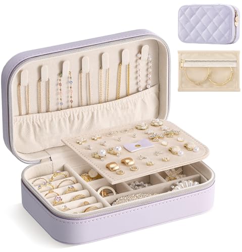 Lolalet Travel Jewelry Case for Women Girls, PU Leather Jewelry Organizer with Clear Storage Bag Small Portable Jewelry Box for Necklace Bracelet Earring Ring Birthday Bridesmaid Gifts -Medium/Purple - color: Purple, size: Medium (6.8"W*4.4"D*2.2"H)