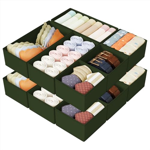 DIMJ Drawer Organizers Clothes, Set of 12 Dresser Organizer Bins, Fabric Closet Organizers and Storage, Shallow Drawer Dividers for Nursery, Clothing, Baby Clothes, Socks, Underwears, Tie (Green) - color: Green, size: 12 Pack