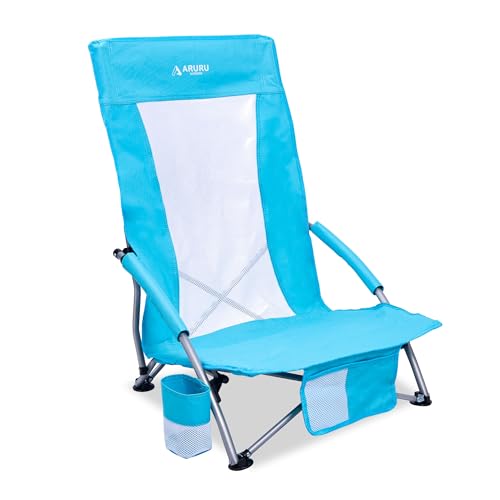 Low Beach Chairs for Adults High Back,Folding Portable Sling Beach Camping Chair with Cup Holder,Lightweight Foldable Camp Lawn Chair for Outdoor Sand Concert Travel Sport Events - color: Ocean Blue, size: High Back