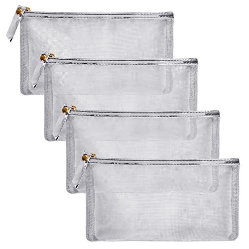 HRX Package Nylon Mesh Cosmetic Zipper Bags, Metallic Silver Makeup Pouches Travel Organizer Case for Purse Diaper Bag (4PCS) - color: Metallic Silver, size: A6