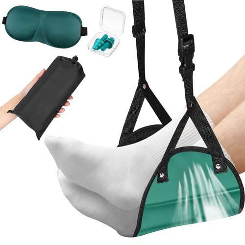Yerliker Airplane Foot Hammock(Memory Foam) with Earplugs and Eye Mask Travel Necessities Adjustable Airplane Desk Foot Rest for Long Trip Pain and Swelling Relief(Green) - color: Green