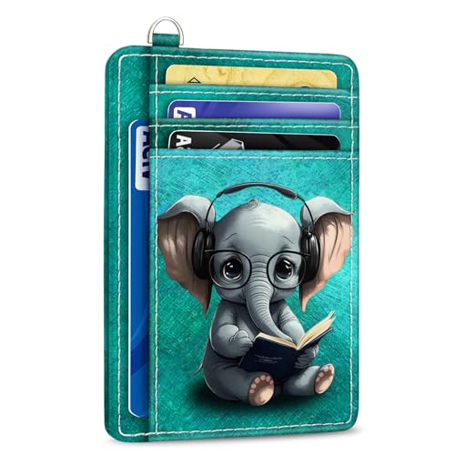 Yonlevres Credit Card Holder Slim Wallet, Elephant RFID Wallet Women Front Pocket Small Card Holder, Travel Cute Funny Thin Card Case ID Window PU Leather RFID Blocking Card Organizer Gift Girl Ladies - color: Elephant