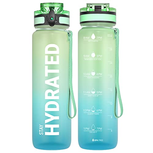 Sahara Sailor Water Bottle 32oz, Durable and Leakproof Water Bottles Motivational with Time Marker, Tritan, BPA Free, Wide Mouth with Easy Clean Brush for Gym, Travel, Home, School, Office (1 Bottle) - color: Green Mint, size: 33.8 Ounces