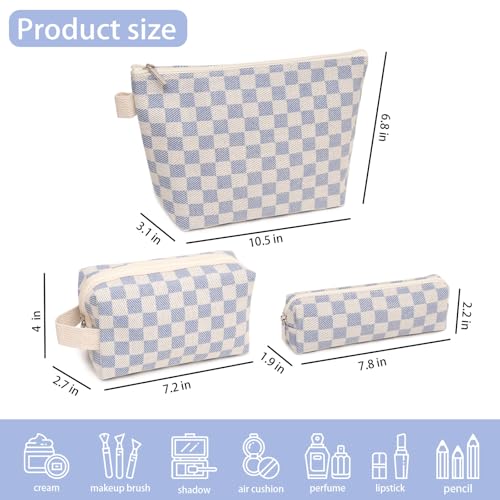 3 Pcs Canvas Makeup Bag Set Checkered Cosmetic Pouch for Women Travel Toiletry Bag Cute Makeup Organizer Purse Pouch Preppy Pencil Case with Zipper (Checkered Blue) - color: Checkered Blue