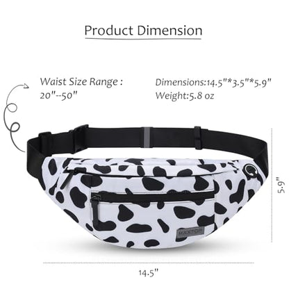 MAXTOP Large Crossbody Fanny Pack with 4-Zipper Pockets,Gifts for Enjoy Sports Festival Workout Traveling Running Casual Hands-Free Wallets Waist Pack Phone Bag Carrying All Phones - color: Cow Print White, style: Large Fanny Pack(4 Zipper Pockets)