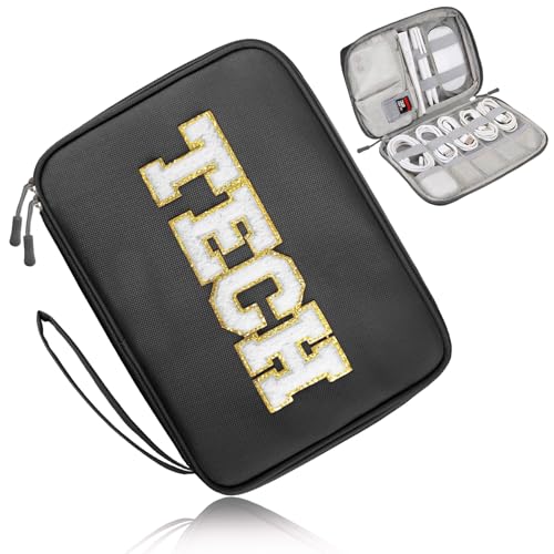 COSHAYSOO Electronics Bag Case Cable Cords Organizer Travel Essentials for Women College Teen Girls Vacation Dorm Accessories Preppy Personalized Gift (Large Black) - color: Dark Black