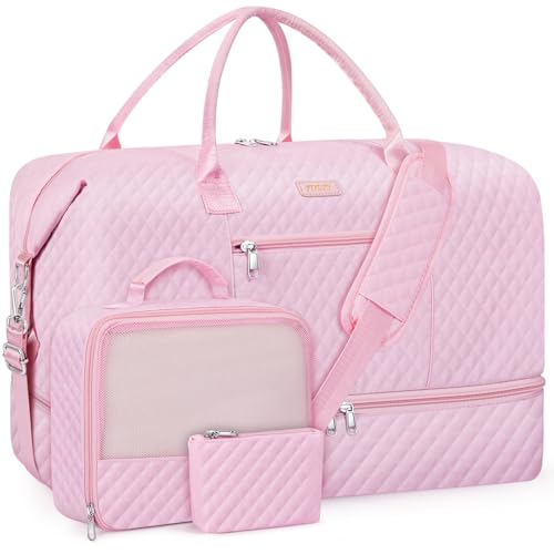 ITIEZY Weekender Overnight Bag for Women - Large Travel Duffel Bag with Shoe Compartment, Gym Duffel Bag Hospital Bag Carry On Tote Bags for Airplanes with Crossbody Bag Toiletry Bag 3Pcs Set - color: 9a-Pink
