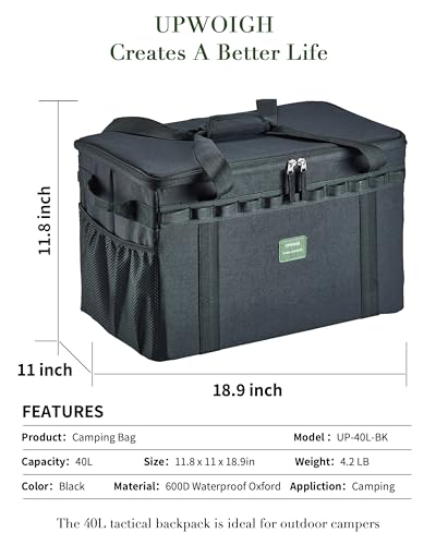 UPWOIGH Tactical Camping Storage Bag 40L – Heavy Duty Duffel with Waterproof Bottom, Collapsible Organizer with 2 Adjustable Dividers, 600D Oxford Fabric, Black Overlanding Gear - color: Black