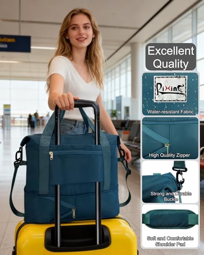 Foldable Travel Duffel Bag for Women, 40L Expandable Carry on Bag Personal Item Flight Approved, Overnight Weekender Bag with Wet Pocket for Gym Travel, Water-Resistant Nylon, Peacock Blue - color: Peacock Blue