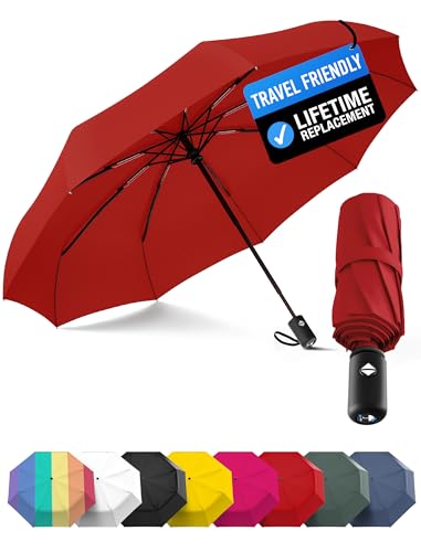 Rain-Mate Windproof Compact Umbrellas for Rain - Strong Reinforced Fiberglass Rib Design & Auto Open & Close - Portable Folding Travel Umbrella - Lightweight & Packable for Women & Men, Easy Collapse - color: G.Red