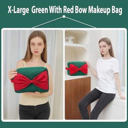 Beach Vacation Essentials Large Makeup Bag Fashion Bow Cosmetic Pouch Travel Toiletry Kit Bag for Women (XL,Green-Bow) - color: Green-Bow, size: XL