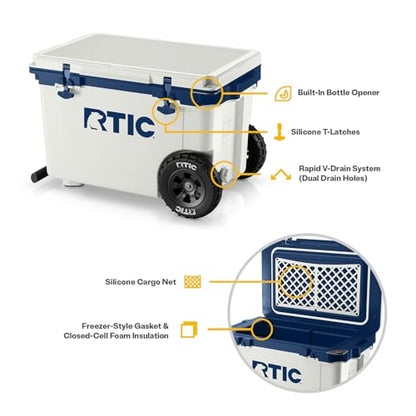 RTIC 52 Quart Ultra-Light Wheeled Hard Cooler Insulated Portable Ice Chest Box for Beach, Drink, Beverage, Camping, Picnic, Fishing, Boat, Barbecue, 30% Lighter Than Rotomolded Coolers - color: Cool Grey & Navy
