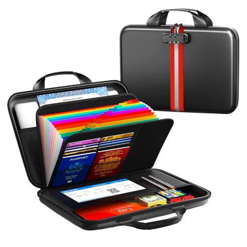 Fireproof Document Organizer with Lock, Rigid EVA File Box with 13-Pocket Accordion Folder for Important Documents & Tablets under 11", Lightweight Safe Storage for Home, Office & Travel (Small Size) - color: B-Red